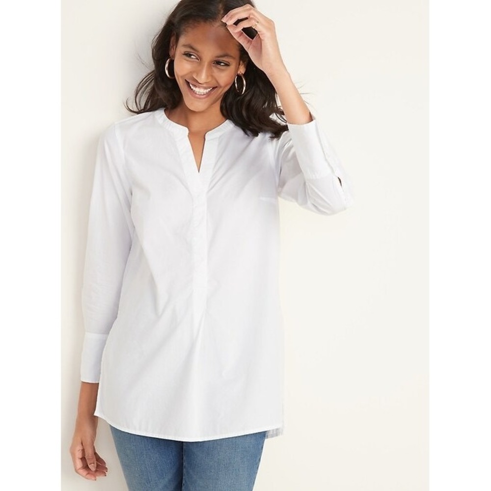 Old Navy White Cotton Poplin Pullover Tunic Split V-Neck Long Sleeve Large NWOT